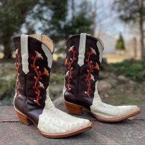 Los Altos Ostrich Boots with Floral Embroidery, ivory brown orange yellow